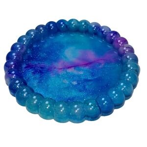 Handmade Resin Trinket Dish 5" Round Galaxy Blue Purple Glitter Bubble Rim Art